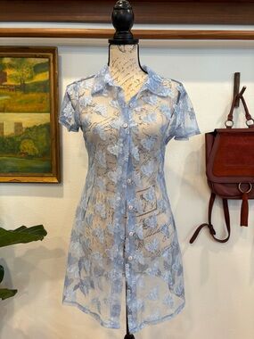 Sheer Light Blue Lace Button-Down Dress